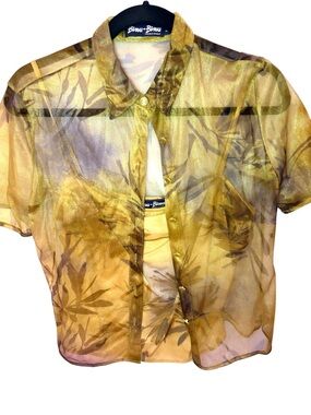 Bisou Bisou Sheer Golden Yellow/Green Button-Up Blouse with Matching Tank To